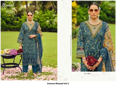 Cosmos Riwayat Vol 1: Blue printed salwar suit with floral patterns, lace hem detailing, and matching dupatta, displayed by a model.