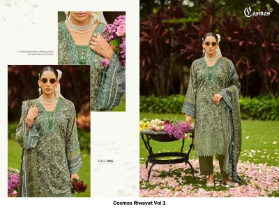 Cosmos Riwayat Vol 1: Green printed salwar suit featuring intricate thread work embroidery, lace hemlines, and matching dupatta on a model.
