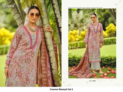 Cosmos Riwayat Vol 1: Pastel floral printed salwar suit with pink lace trim, embroidered neck detailing, and brown dupatta on a model.