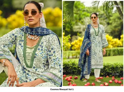 Cosmos Riwayat Vol 1: White and blue floral printed salwar suit with lace detailing, green neck embroidery, and a dark blue printed dupatta.