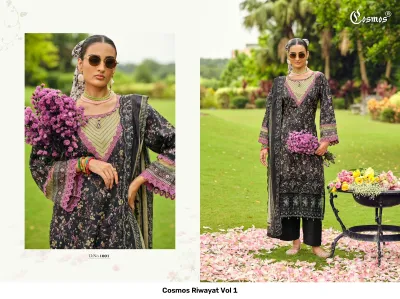 Cosmos Riwayat Vol 1: Black and green floral printed salwar suit with pink lace trim, thread work, and embroidered hemline details on a model.