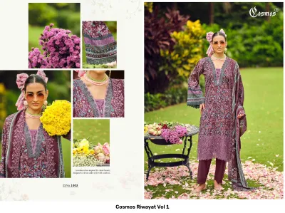 Cosmos Riwayat Vol 1: Purple floral printed salwar suit featuring detailed thread work embroidery, lace hemlines, and a coordinated printed dupatta.