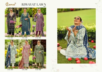 Cosmos Riwayat Vol 1: Catalog collage showing various floral printed salwar suits with intricate thread work and embroidery from the collection.