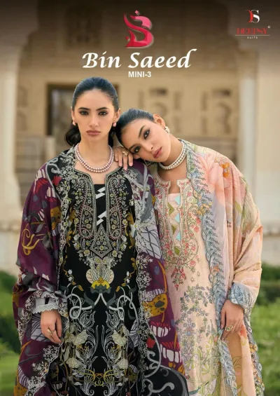 Deepsy Bin Saeed Mini 3: Catalog cover featuring multiple models wearing printed and embroidered salwar suits in various colors.