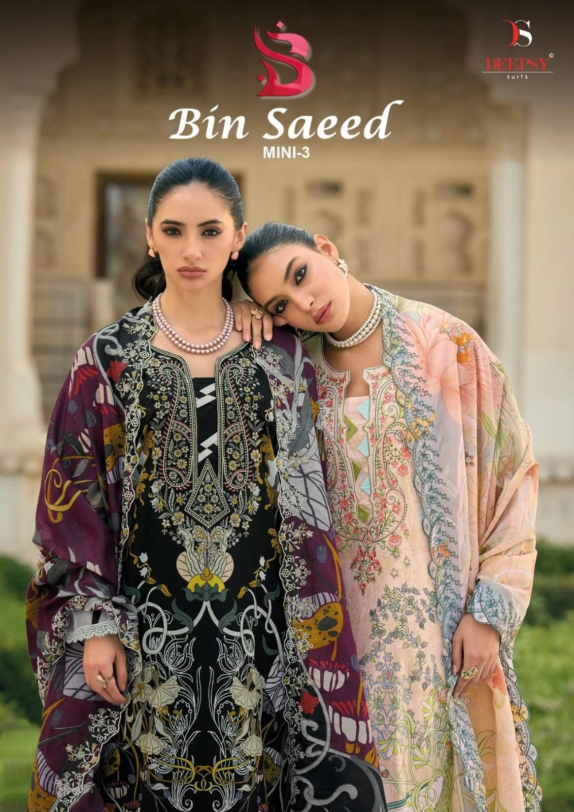 Deepsy Bin Saeed Mini 3: Catalog cover featuring multiple models wearing printed and embroidered salwar suits in various colors.