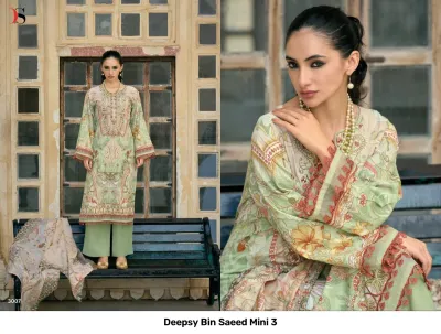 Deepsy Bin Saeed Mini 3: Green salwar suit with floral print, intricate thread work, and plain green trousers.