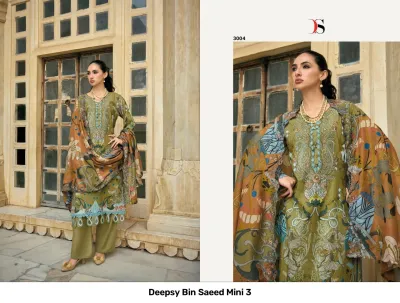 Deepsy Bin Saeed Mini 3: Olive green salwar suit with traditional floral print, thread work, and long trousers.