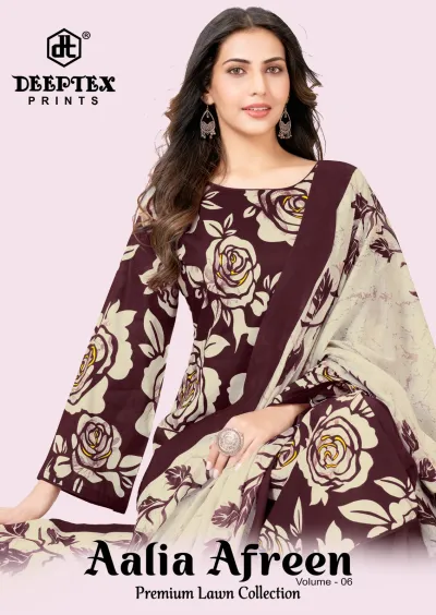 Deeptex Aalia Afreen Vol 6: A model wearing a maroon kurti with a cream floral print, paired with a matching cream and maroon floral dupatta.