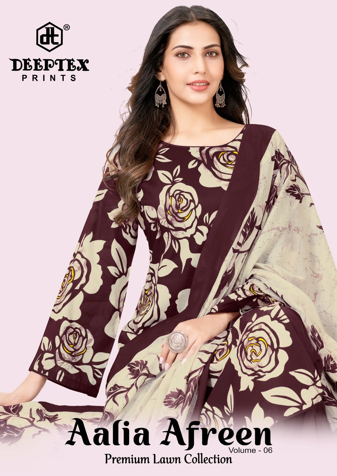 Deeptex Aalia Afreen Vol 6: A model wearing a maroon kurti with a cream floral print, paired with a matching cream and maroon floral dupatta.