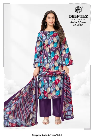 Deeptex Aalia Afreen Vol 6: A model in a purple kurti with a multi-colored leaf print, solid purple trousers, and a patterned dupatta.