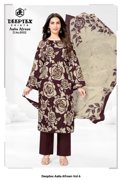 Deeptex Aalia Afreen Vol 6: A model wearing a maroon kurti with a cream floral print, solid maroon trousers, and a cream floral dupatta.