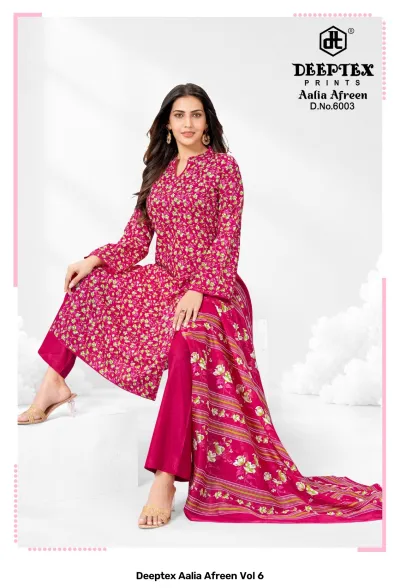 Deeptex Aalia Afreen Vol 6: A model in a magenta kurti with a small floral print, solid magenta trousers, and a patterned magenta dupatta.