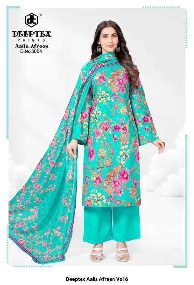 Deeptex Aalia Afreen Vol 6: A model wearing a turquoise kurti with a floral print, solid turquoise trousers, and a matching floral print dupatta.