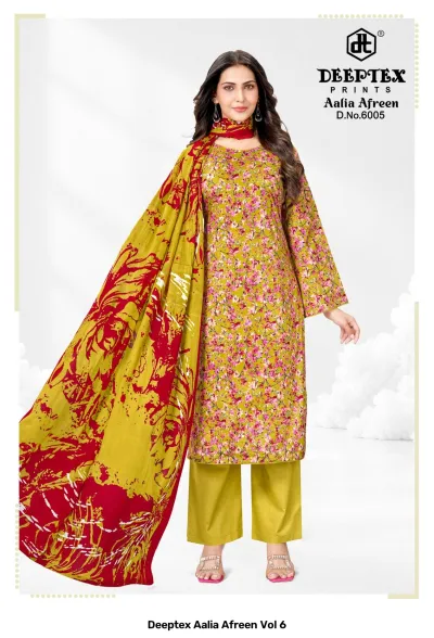Deeptex Aalia Afreen Vol 6: A model in an olive green kurti with a pink floral print, solid olive trousers, and a contrasting yellow-red dupatta.