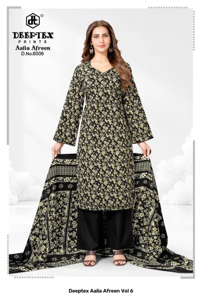 Deeptex Aalia Afreen Vol 6: A model wearing a black kurti with a yellow floral print, solid black trousers, and a matching black floral dupatta.