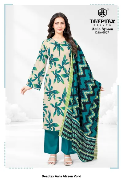 Deeptex Aalia Afreen Vol 6: A model in a beige kurti with a teal leaf print, solid teal trousers, and a patterned teal dupatta.