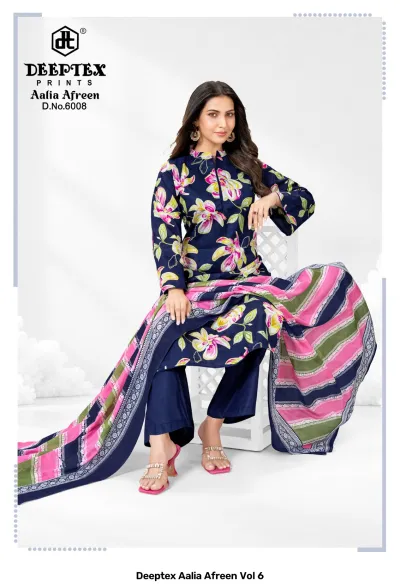 Deeptex Aalia Afreen Vol 6: A model wearing a navy blue kurti with a large pink floral print, solid blue trousers, and a striped dupatta.