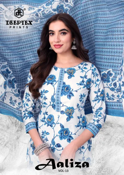 Deeptex Aaliza Vol 13, white and blue floral printed salwar suit with dupatta, three-quarter sleeves and classic neckline.