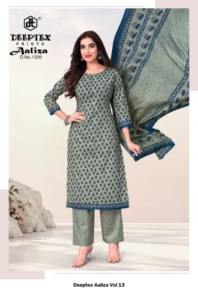Deeptex Aaliza Vol 13, dusty green floral print salwar suit with patterned pants and a matching dupatta.