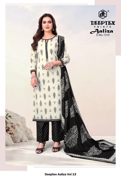 Deeptex Aaliza Vol 13, white and black leaf print salwar suit with patterned pants and a black dupatta.