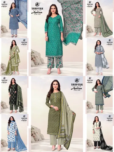 Deeptex Aaliza Vol 13, catalog collage showcasing various printed salwar suit designs in multiple colors.