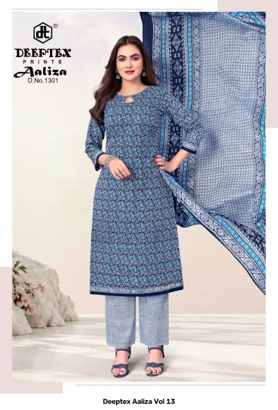 Deeptex Aaliza Vol 13, blue printed salwar suit with geometric patterns, featuring a keyhole neckline and matching dupatta.