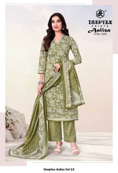 Deeptex Aaliza Vol 13, olive green floral printed salwar suit with coordinating patterned dupatta and straight pants.