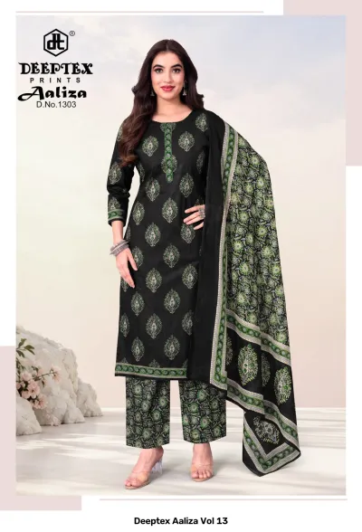 Deeptex Aaliza Vol 13, black and green printed kurti with matching straight pants and a patterned dupatta.