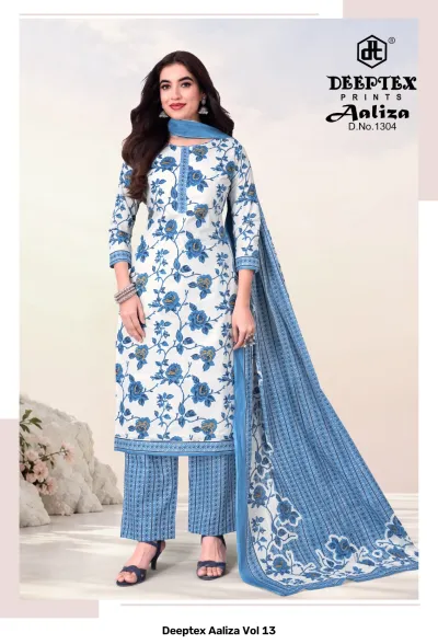Deeptex Aaliza Vol 13, white and blue floral printed salwar suit with striped pants and a matching dupatta.