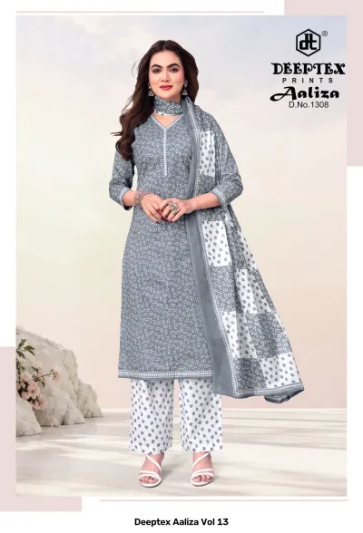 Deeptex Aaliza Vol 13, grey and white floral print salwar suit with matching patterned dupatta and straight trousers.