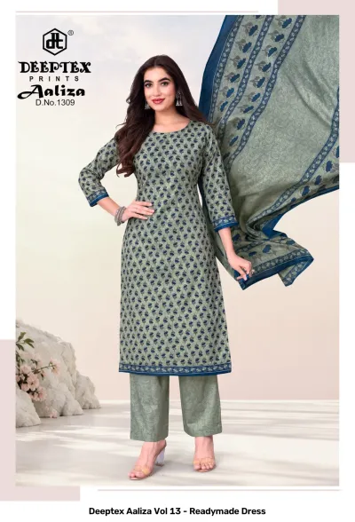 Deeptex Aaliza Vol 13 - Readymade Dress: D.No.1309, sage green floral printed readymade cotton salwar suit with matching dupatta.