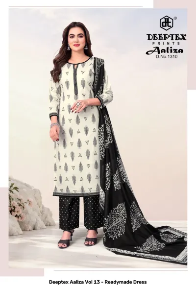 Deeptex Aaliza Vol 13 - Readymade Dress: D.No.1310, off-white and black printed readymade cotton salwar suit with dupatta.