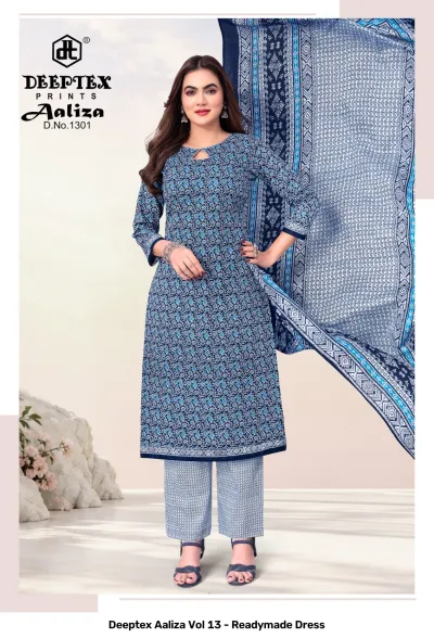 Deeptex Aaliza Vol 13 - Readymade Dress: D.No.1301, blue patterned readymade cotton salwar suit with printed pants and dupatta.