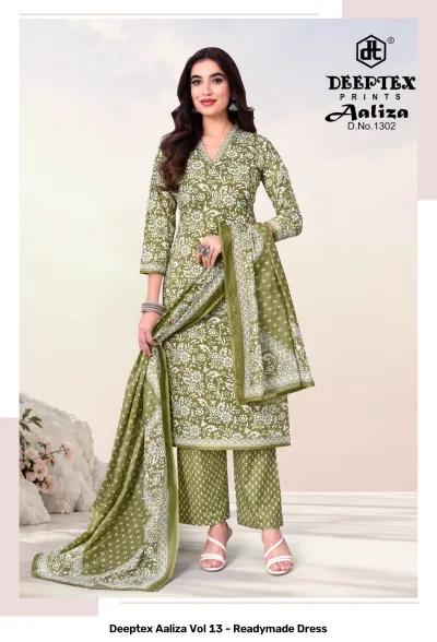 Deeptex Aaliza Vol 13 - Readymade Dress: D.No.1302, olive green floral printed readymade cotton salwar suit set with dupatta.