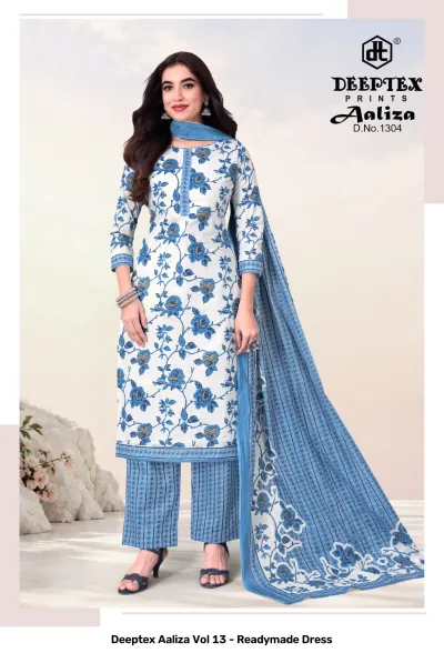 Deeptex Aaliza Vol 13 - Readymade Dress: D.No.1304, white and blue floral printed readymade cotton salwar suit with dupatta.