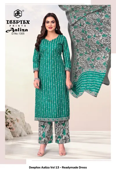 Deeptex Aaliza Vol 13 - Readymade Dress: D.No.1305, green and grey geometric and floral print readymade cotton salwar suit set.