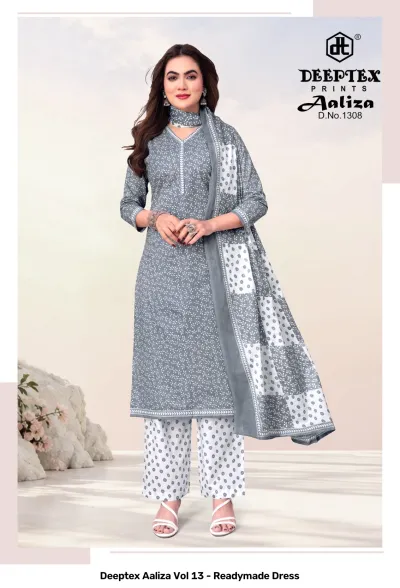 Deeptex Aaliza Vol 13 - Readymade Dress: D.No.1308, grey and white floral printed readymade cotton salwar suit set.