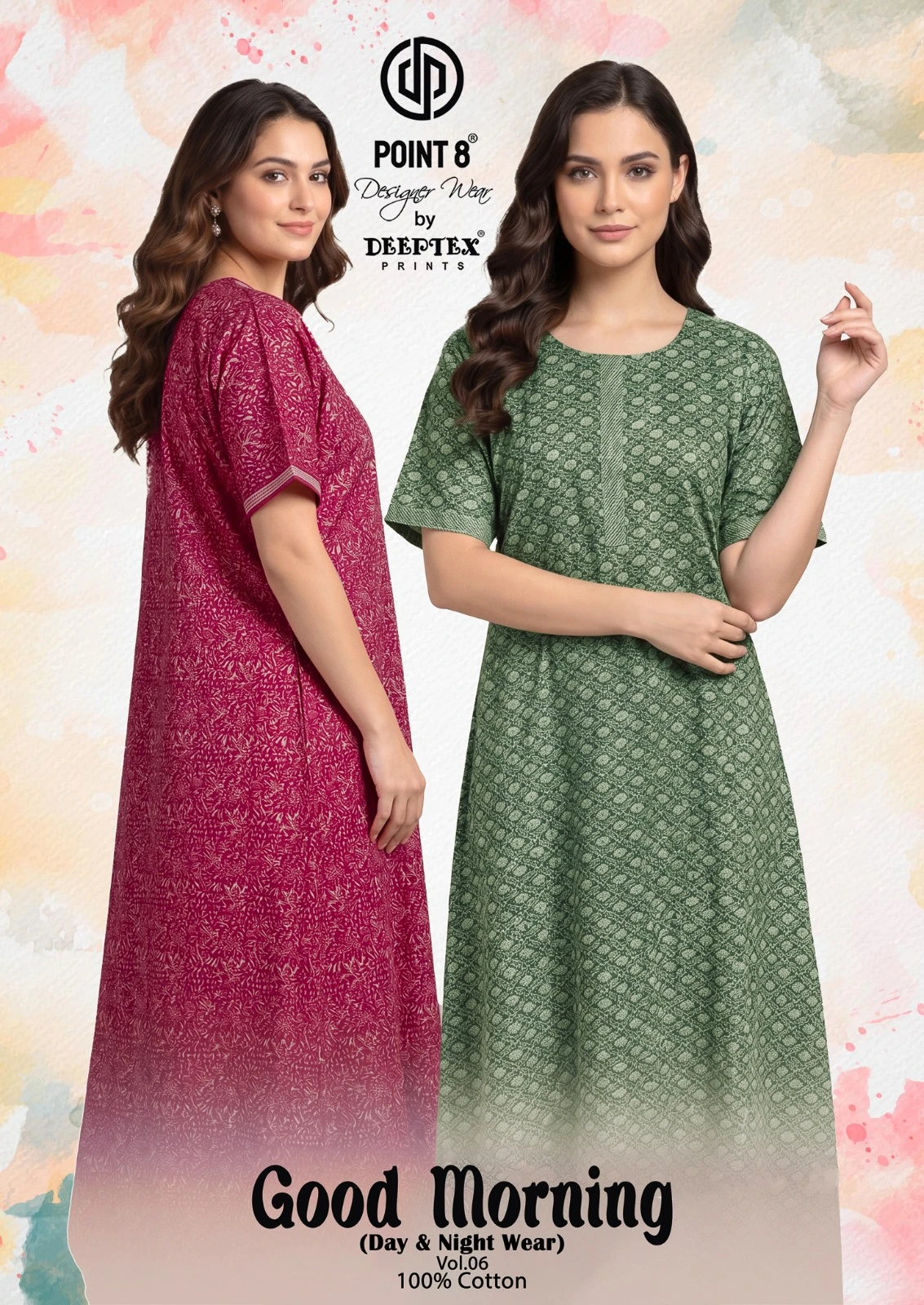 Deeptex Good Morning Vol 6: Catalog cover collage displaying various printed cotton nightgowns in different colors and designs.