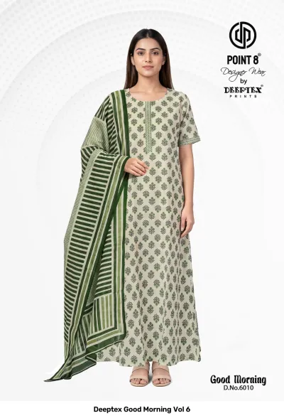 Deeptex Good Morning Vol 6: Dark brown cotton kurti dress with an intricate white and red floral print.