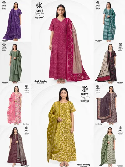 Deeptex Good Morning Vol 6: Catalog collage showcasing multiple models wearing various colored cotton nightgowns with assorted prints.