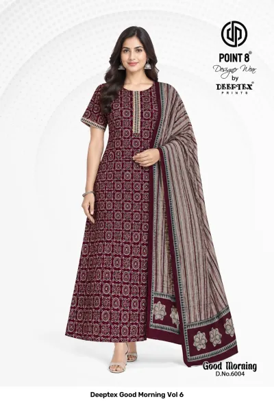 Deeptex Good Morning Vol 6: Maroon cotton kurti dress with a white leafy print and V-neckline.