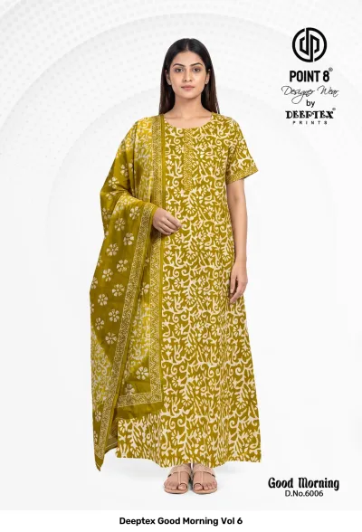 Deeptex Good Morning Vol 6: Olive green cotton kurti dress featuring a white leafy pattern print.