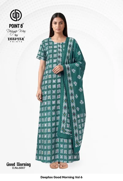 Deeptex Good Morning Vol 6: Green cotton kurti dress with a white vertical striped and floral block-print pattern.