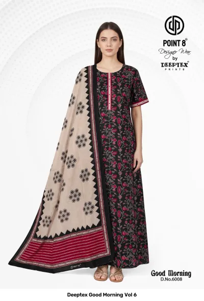 Deeptex Good Morning Vol 6: Black cotton kurti dress with red floral vines and a button-placket detail.