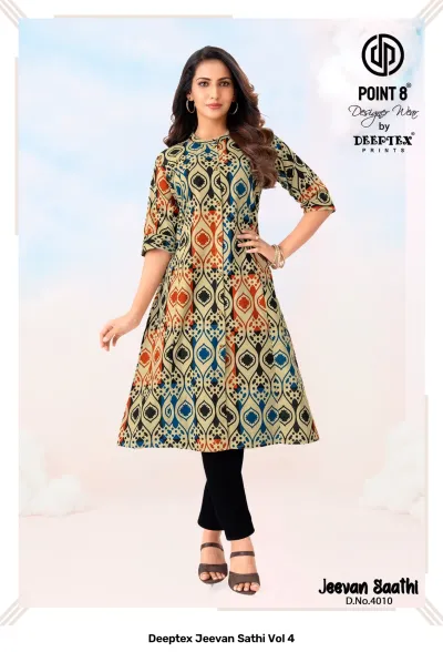 Deeptex Jeevan Sathi Vol 4, beige kurti with a multicolored abstract geometric almond-shaped print pattern.