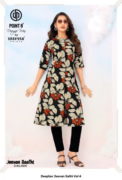 Deeptex Jeevan Sathi Vol 4, black kurti with a large cream and orange leafy floral print design.