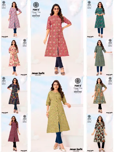 Deeptex Jeevan Sathi Vol 4, catalog collage displaying multiple printed kurti designs in various colors and patterns.