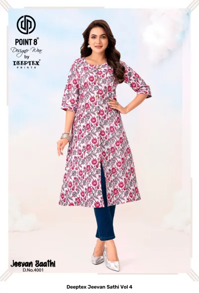 Deeptex Jeevan Sathi Vol 4, white kurti with pink floral print, button-front design, worn with blue pants.