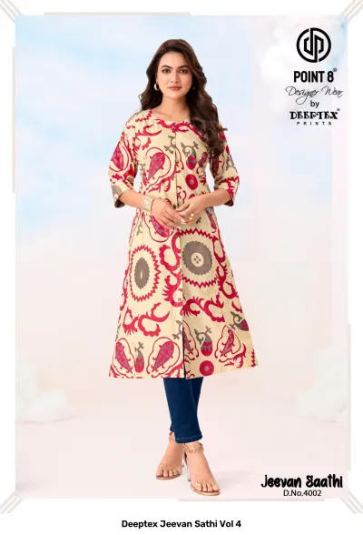 Deeptex Jeevan Sathi Vol 4, beige kurti with large red and brown circular paisley-style block print, button-front detail.