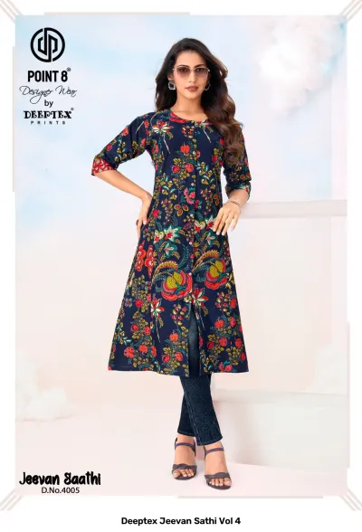 Deeptex Jeevan Sathi Vol 4, dark blue kurti featuring a dense multicolored floral print, button-down front design.